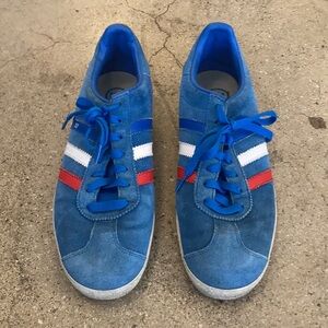 ⚽️🏃🏿 Adidas MI #33 Red White & Blue Size 10.5 Gazelle Style Blue Suede 🇺🇸⚽️